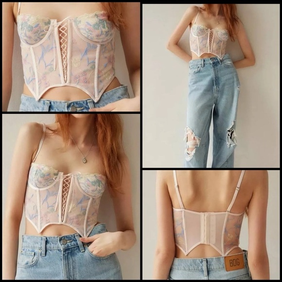 Out From Under Flora Embroidered Bustier Corset Coquette Top in Peach Floral L - Picture 1 of 9